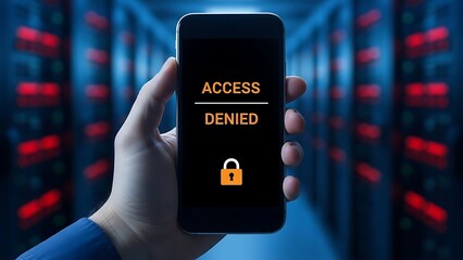 Hand holding smartphone with access denied message on screen in server room lock