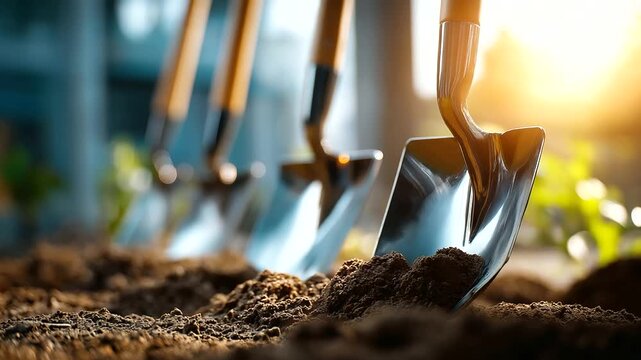 Ceremonial shovels in soil at festive groundbreaking faceless development event defocused construction site background inaugural ceremony project beginning official launch