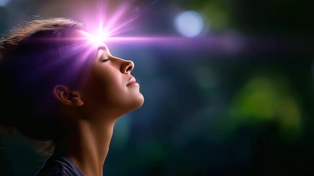 Faceless female silhouette receiving a stream of purple light entering the crown of the head, pineal gland activation symbolism, soft defocused nature background, with copy space