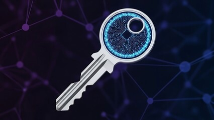 Silver key with blue circuit board and glowing light on dark background with network connections