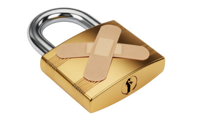 Gold padlock with crossed bandages isolated PNG, conceptual image of security vulnerability and weakness on transparent background