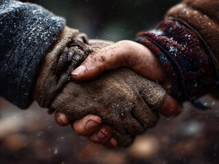 Two Dirty Hands Shaking in Cold Winter - Trust Deal Agreement