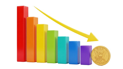 Colorful bar graph with downward arrow and gold coin isolated PNG, financial decline and economic recession concept on transparent background
