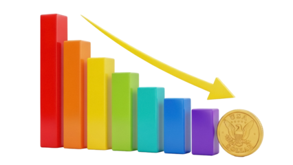 Colorful bar graph with downward arrow and gold coin isolated PNG, financial decline and economic recession concept on transparent background