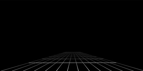 Futuristic perspective grid box. Abstract wireframe with white grid line on black background. Virtual reality landscape in 80s 90s digital style. Vector