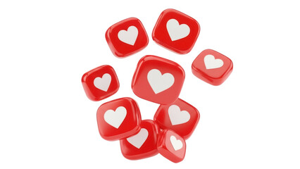 Pile of red square like icons with heart isolated PNG, social media reaction for marketing and advertising on transparent background