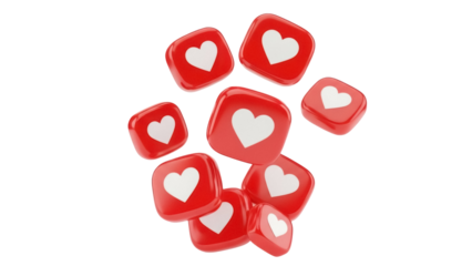 Pile of red square like icons with heart isolated PNG, social media reaction for marketing and advertising on transparent background