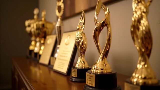 A collection of shining awards displayed on a wooden surface.