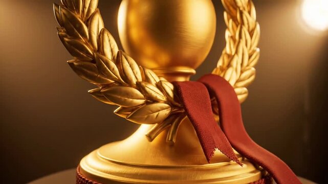A golden trophy with laurel leaves and a ribbon, symbolizing victory.