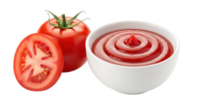 Fresh red tomatoes and ketchup in a bowl isolated PNG, delicious condiment and vegetable on transparent background