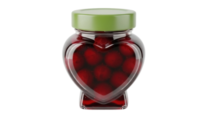 Heart-shaped jar with cherries isolated PNG, sweet fruit preserve on transparent background for food design and healthy eating concepts