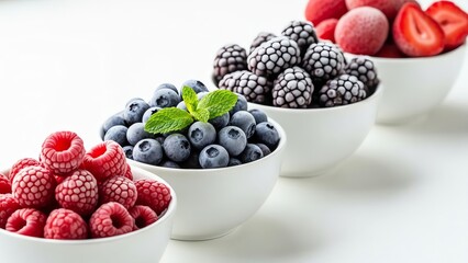 Bowls of raspberries blueberries blackberries fresh fruit