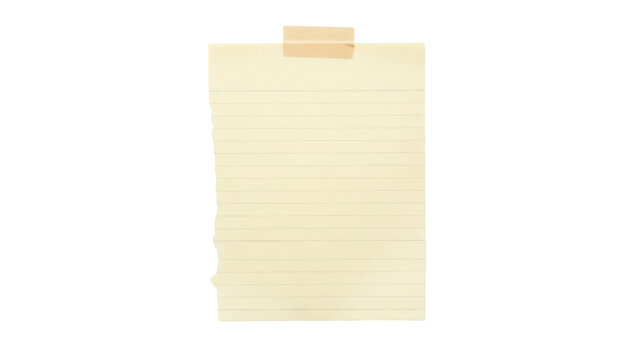 Lined notepad paper with tape isolated PNG on transparent background, torn edge note for messages and reminders