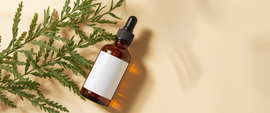 Amber Bottle with Dropper and Green Leaf, Minimalist Presentation on Light Beige Surface.