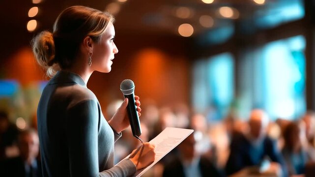 Faceless announcement at awards ceremony defocused presentation background business women on stage corporate event microphone prize giving reading winner employee people in