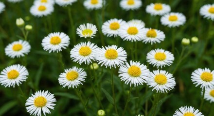 Close-up of many small white flowers with yellow centers, densely packed on green foliage