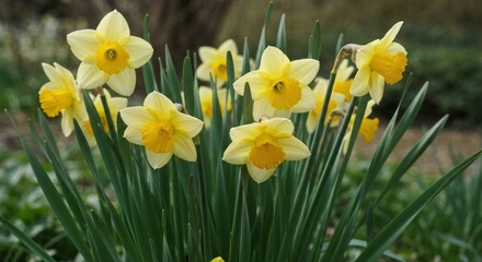 Obraz premium Cluster of daffodils, pale yellow with gold centers, surrounded by vibrant green foliage