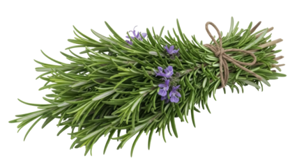 Aromatic rosemary sprigs with purple flowers isolated PNG, culinary herb bundle with twine on transparent background