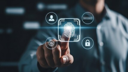 Man in blue shirt interacting with digital fingerprint and security symbols