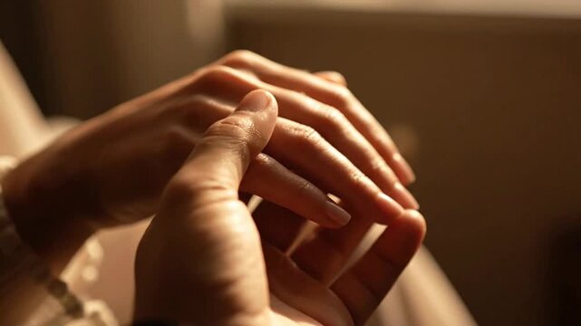 Tender moment of affection between two hands with a ring.