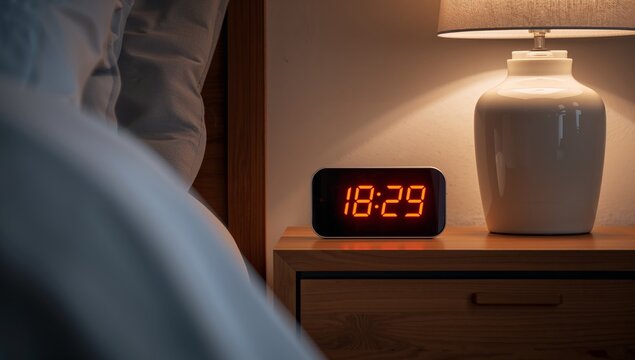 Bedroom Still Life with Digital Clock and Lamp, Evening Ambiance, Interior Scene.
