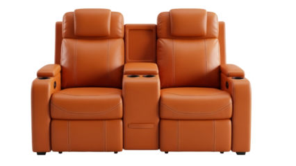 Luxurious brown leather recliner loveseat isolated PNG, comfortable seating for home theater and living room on transparent background