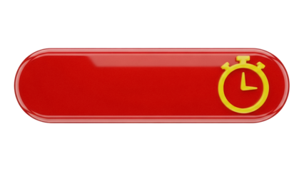 Red oblong button with yellow stopwatch isolated PNG, countdown timer graphic for website element and user interface design