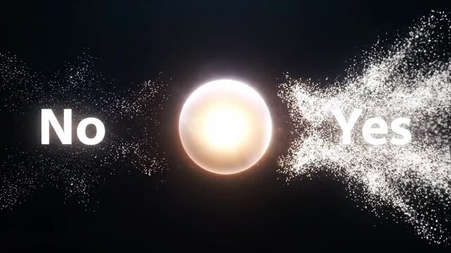 Conceptual animation illustrating a binary choice between Yes and No with a central luminous orb and shimmering particles against a dark background