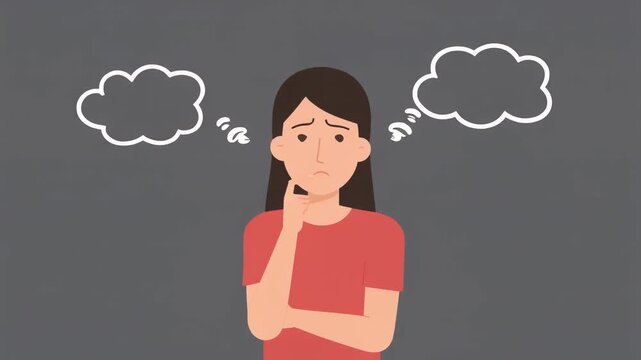 A worried woman pondering with thought bubbles above her head.