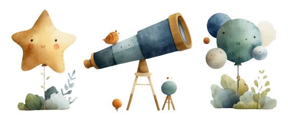 Dreamy Watercolor Illustration of Cute Telescope and Celestial Elements in 8D Style