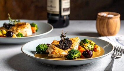 Roasted Chicken with Truffle Jus. American Fine Dining Luxury Set Up