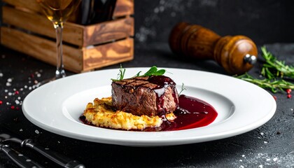 Filet Mignon with Potato Dauphinoise. American Fine Dining Luxury Set Up