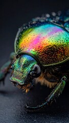 Macro close-up of a stunning iridescent beetle showcasing a vibrant spectrum of colors on its shell against a dark background.