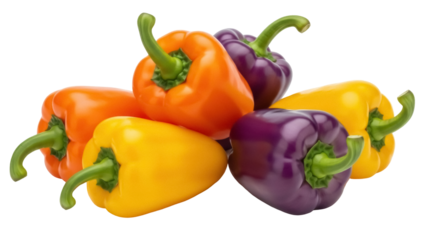 Pile of colorful bell peppers PNG isolated on transparent background, fresh orange yellow purple peppers for cooking and healthy eating