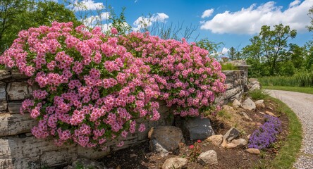 Naklejka premium Blossoming Abundance, A Floral Tapestry on a Weathered Wall, Underneath a Bright Sky.