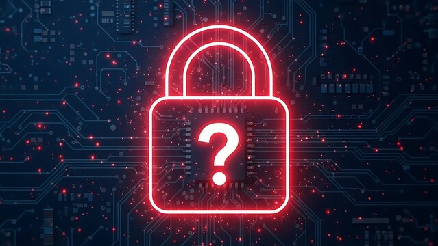 Red neon padlock with question mark on circuit board background - Powered by Adobe