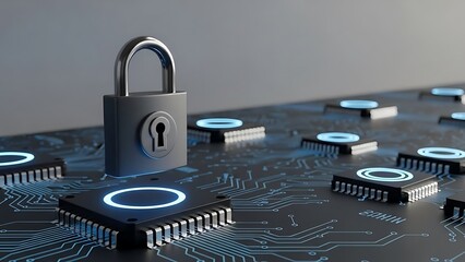 Closeup of a metallic padlock on a blue illuminated circuit board with microchips and connection points