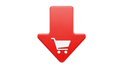 Red arrow with shopping cart isolated PNG on transparent background, download button for e-commerce and online shopping promotions