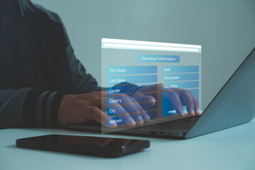User filling personal information form on laptop with digital interface, data privacy, online registration, identity management, secure data collection and personal information protection technology.