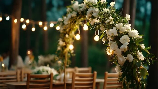 Night wedding ceremony with arch and orchid flowers faceless outdoor setup defocused forest background chairs and bulb lights visible romantic decorations evening celebration