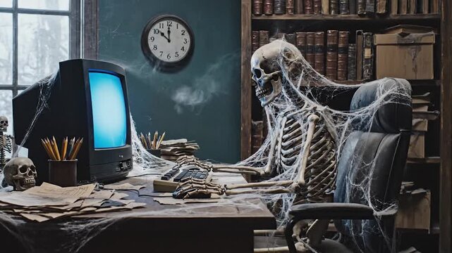 Skeleton at desk working on computer