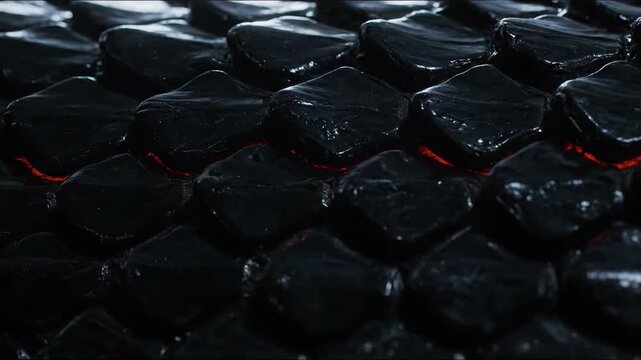 Cinematic close-up of dark obsidian dragon scales with pulsing orange lava light moving underneath