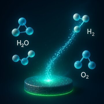 Green Hydrogen Production Molecules - H2O H2 O2 Electrolysis Process Glowing Platform
