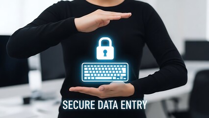 Woman in black shirt holding secure data entry symbol with lock and keyboard hands