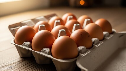 Brown eggs in cardboard carton on wooden surface
