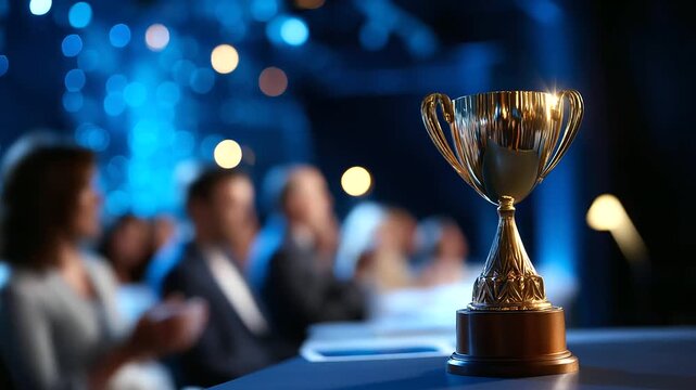 Faceless award ceremony with people on stage heavily defocused blurry event background recognition celebration achievement moment corporate gathering success acknowledgment