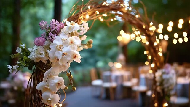 Night wedding ceremony with arch and orchid flowers faceless outdoor setup defocused forest background chairs and bulb lights visible romantic decorations evening celebration
