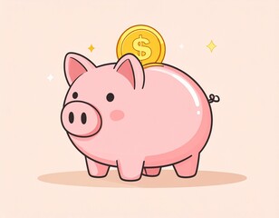 Flat vector illustration of a piggy bank and golden coin for savings concept