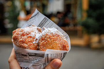 Woman holds Oepfelkuechli apple fritters, Zurich Christmas market, Switzerland
