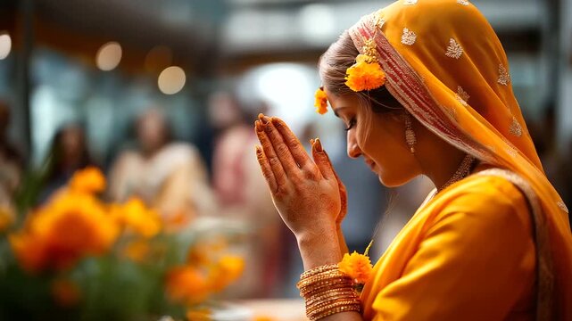 Faceless Indian bride in haldi ceremony defocused traditional celebration background cultural wedding ritual pre marriage tradition turmeric ceremony ethnic celebration